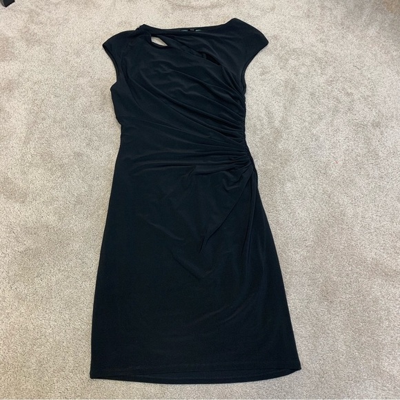 Lauren Ralph Lauren black asymmetrical slit cutout sleeveless ruched dress 8 - Picture 9 of 17